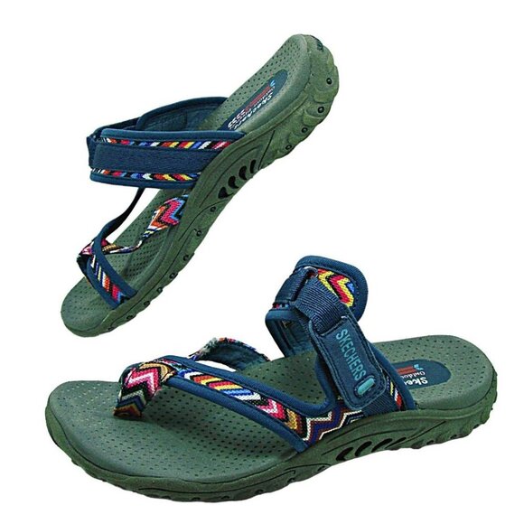 Skechers Womens Navy Blue Reggae Zig Swag Multicolor Strap Flip Flop Sandal Sz 7 - Picture 1 of 11